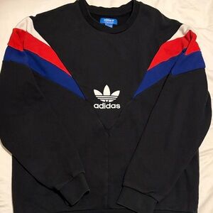 Adidas Black Crewneck Sweater with Red, White, and Blue Stripes